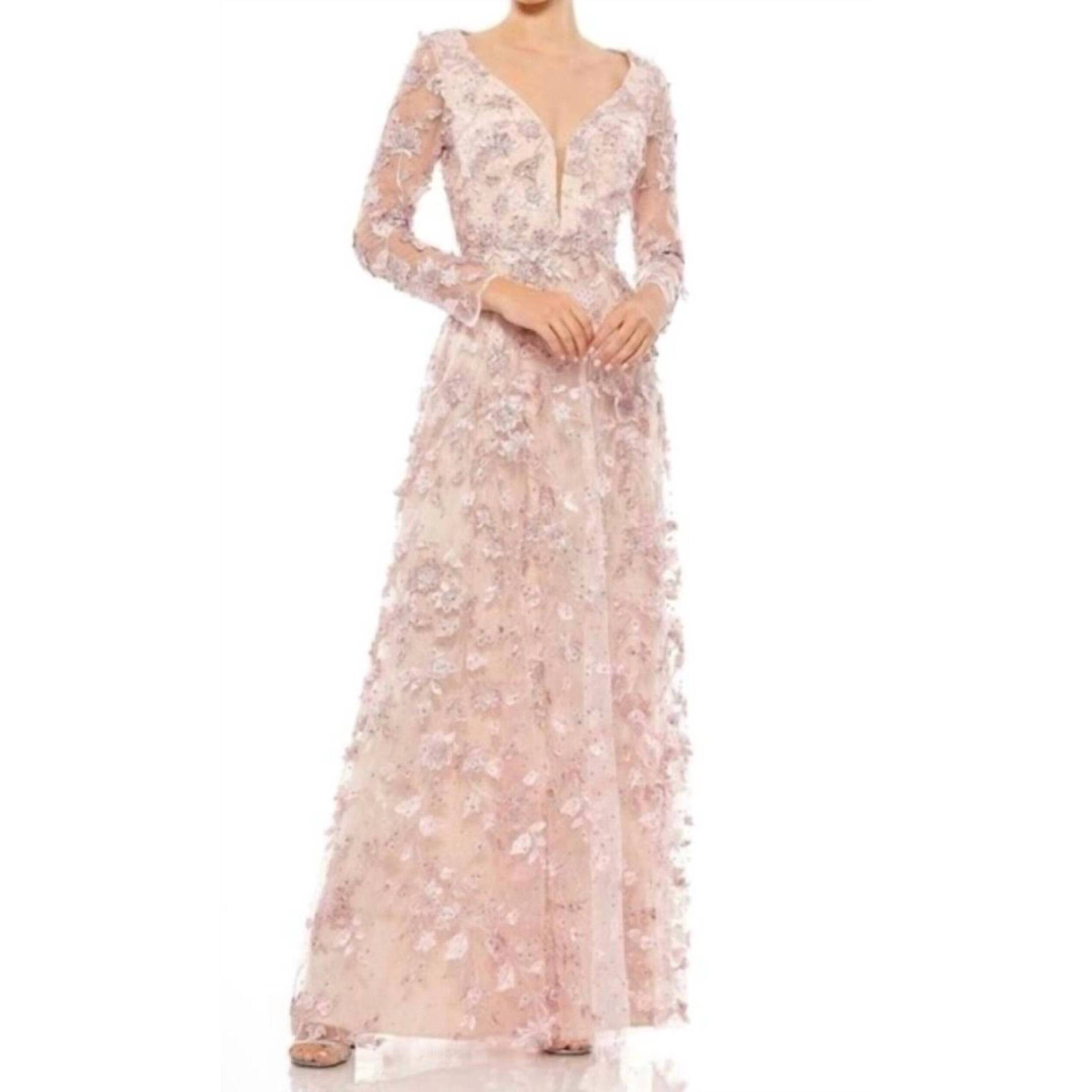 New Mac Duggal Illusion Sleeve Floral Dress In Rose Pink